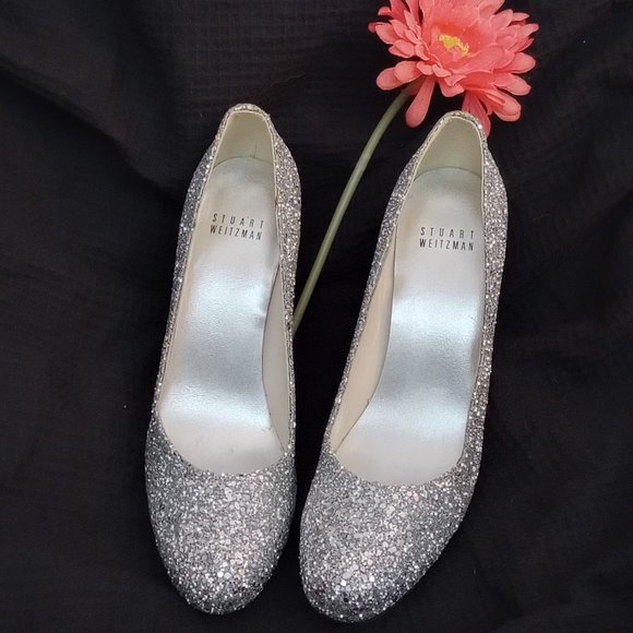 Stuart Weitzman silver glitter sky high pumps 8 N NEW